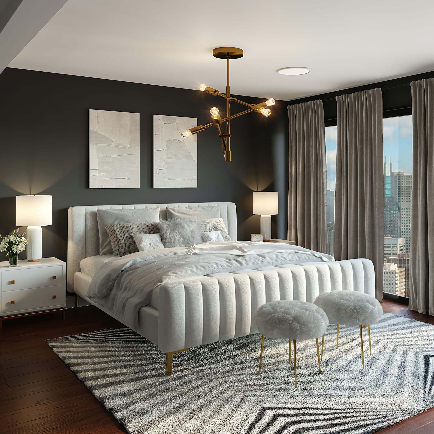 Luxury bedroom with channel-tufted bed, gold chandelier and designer furnishings
